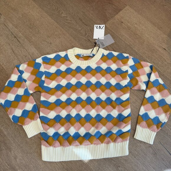 Kids Zara Argyle Sweater Size L Multicolor Knit Pullover - Picture 1 of 7